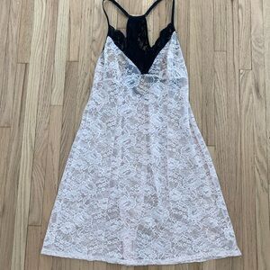 Coquette sheer pink and black mesh lace racer back chemise nightie slip